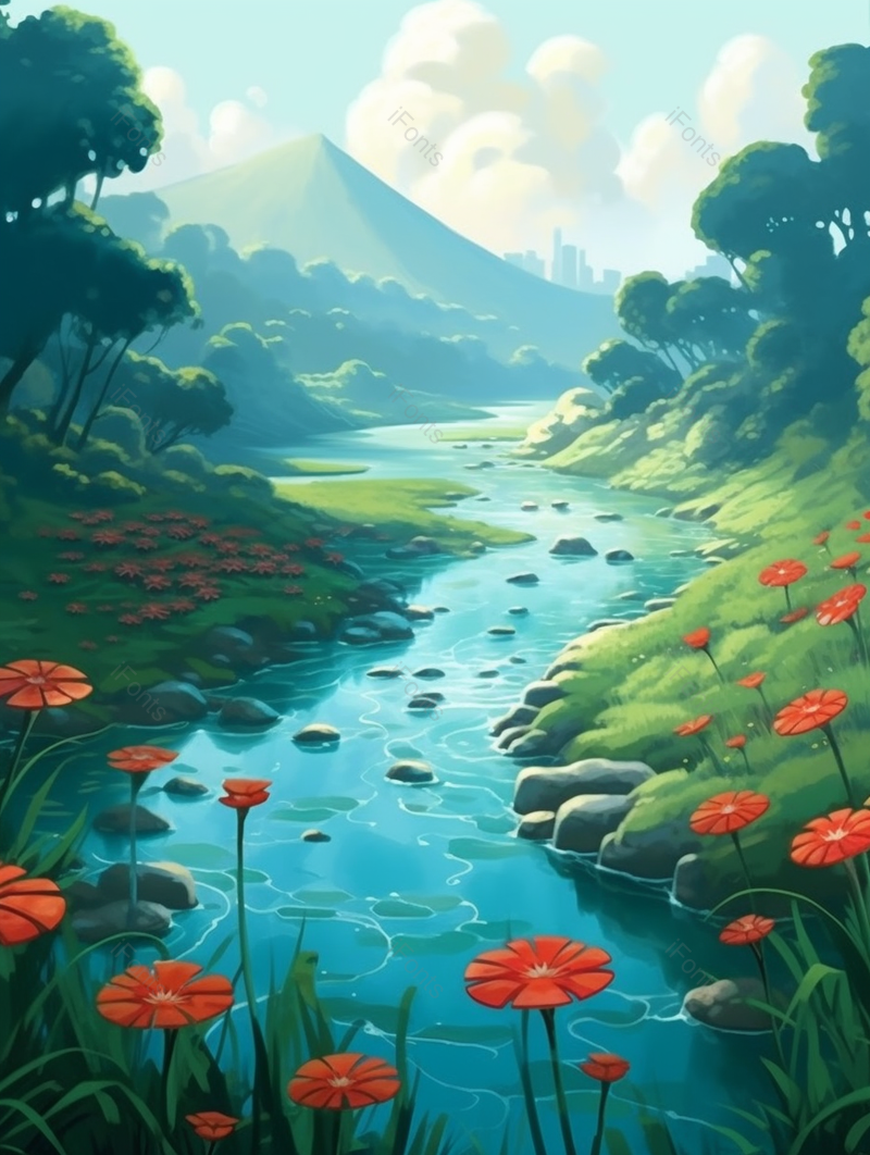 绿色山水河流插画背景,插画/手绘图,插画/手绘图库,插画/手绘图下载,插画/手绘